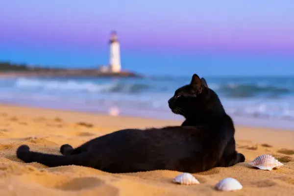 黑色短毛猫躺卧沙滩海边场景捕捉