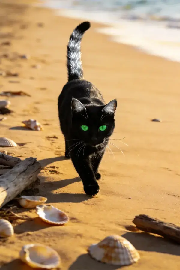 沙滩上短毛家猫行走特写