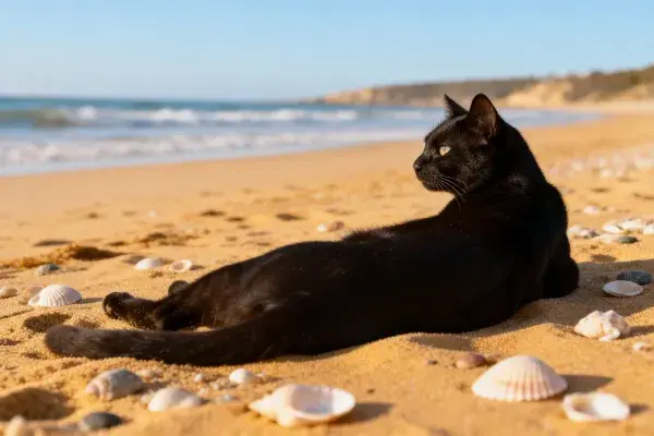 黑色短毛家猫躺卧海滩上