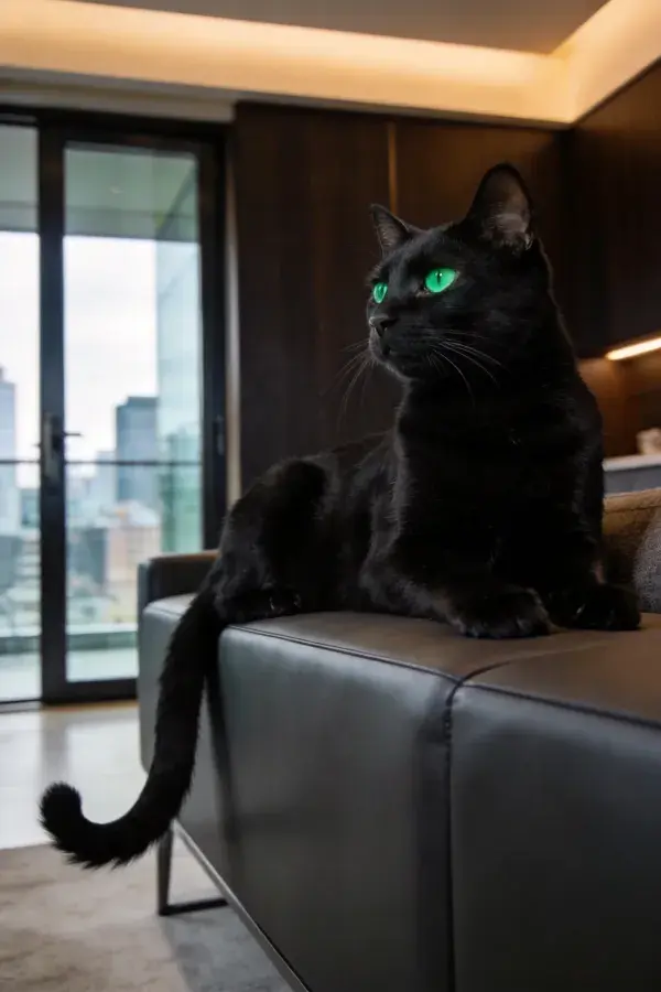 短毛黑猫于现代沙发眺望城市景观