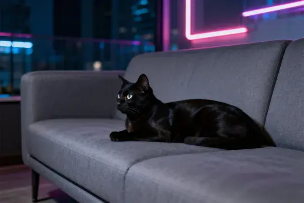 现代沙发上的短毛黑猫