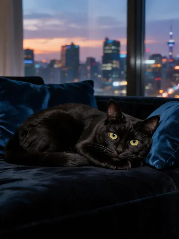 露天窗前黑短毛猫的休憩场景