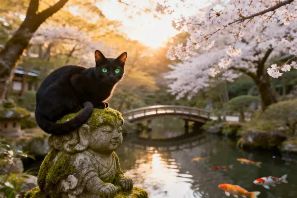 阳光下石雕像顶的黑猫与日式园林景致