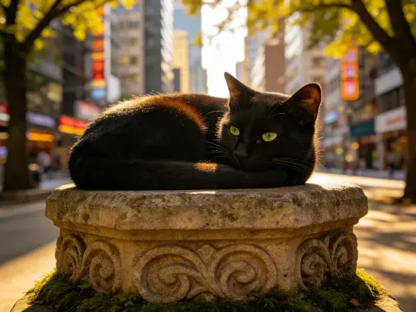 城市街道石坛上的短毛黑猫休憩图