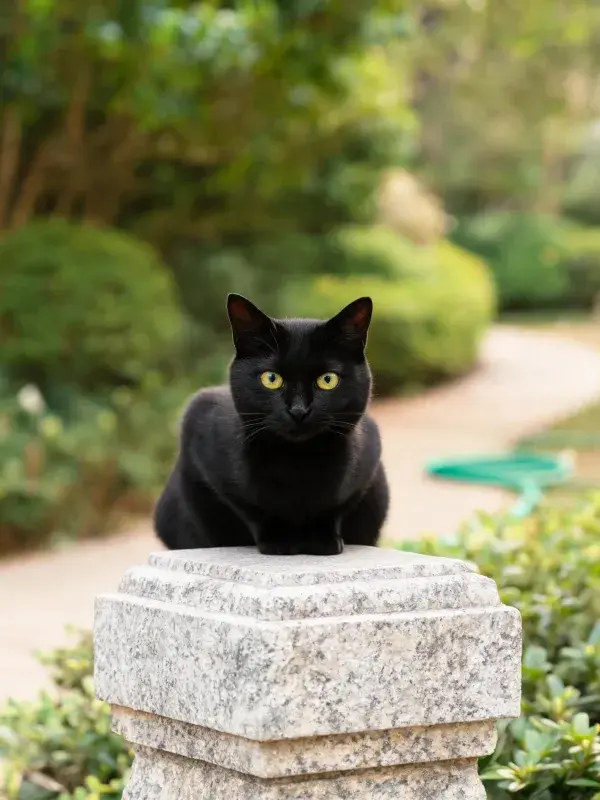 园林石柱上的短毛黑猫