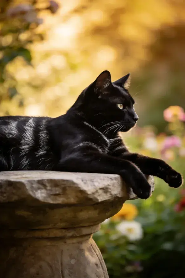 花园石坛上的黑银短毛家猫