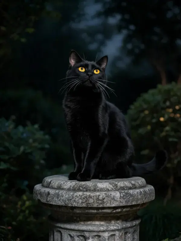 园林石柱上的短毛黑猫图景
