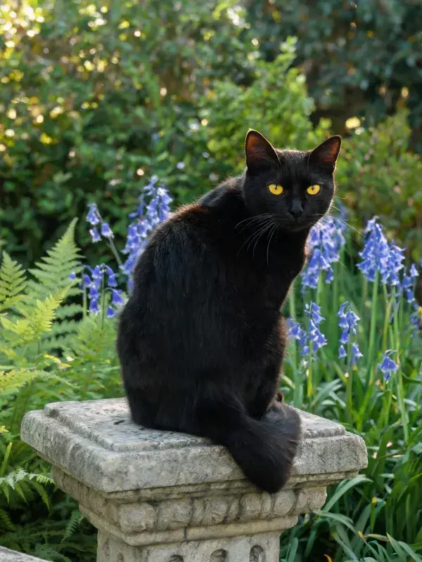 黑色短毛家猫于石质花坛上的姿态