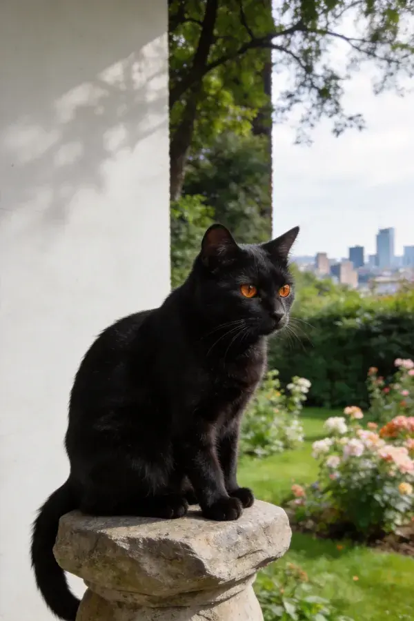 短毛家猫在石柱上的花园视角