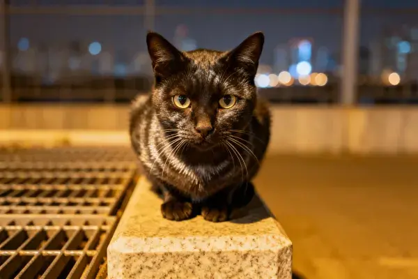 露天环境下石块上的短毛家猫特写