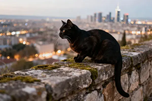黑色短毛家猫于石墙观景场景