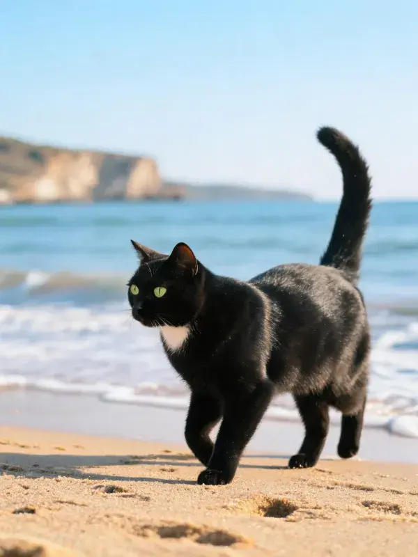 黑白短毛家猫漫步海滩场景