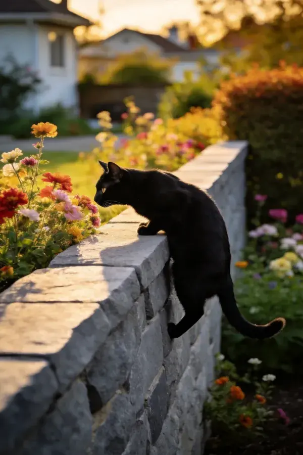 花园石墙边的短毛家猫