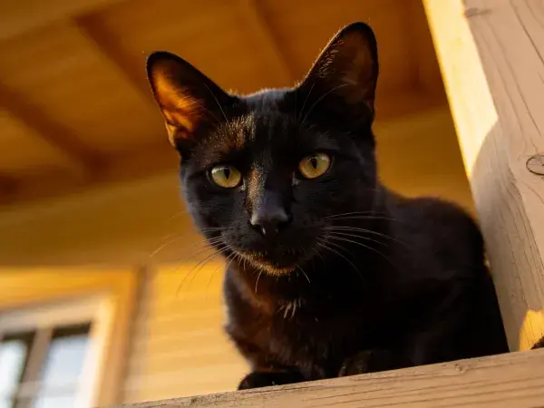 暖光木质平台上短毛黑猫观察场景