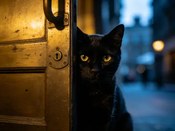 夕阳下老门旁的黑猫观察景象