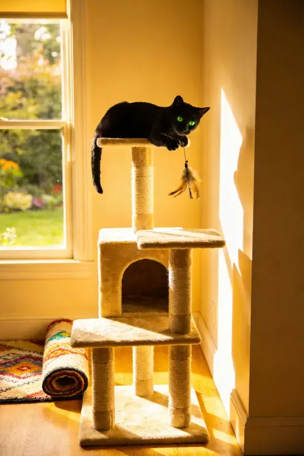 黑短毛家猫持羽毛玩具居于猫架最上层