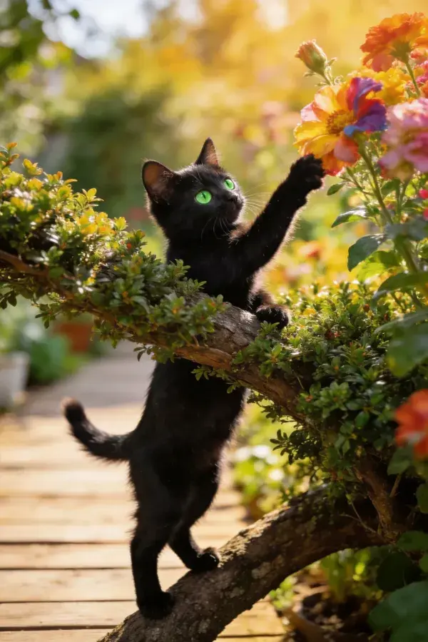 花园树枝上的短毛家猫伸手触碰鲜花