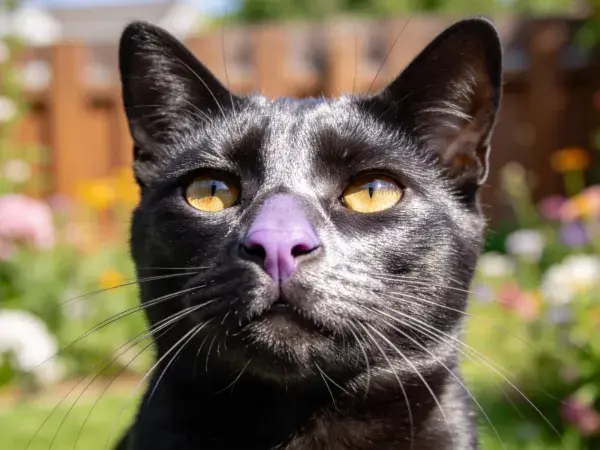 花园中紫鼻短毛家猫特写