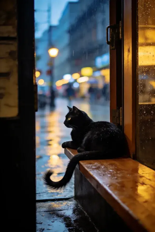 雨夜街巷里的短毛家猫