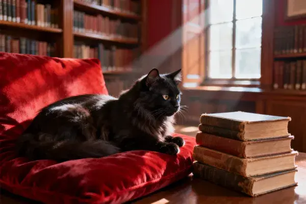长毛黑猫与复古书堆的书房场景