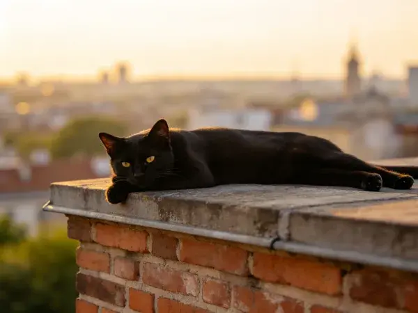 红砖屋顶边缘的黑猫休憩场景