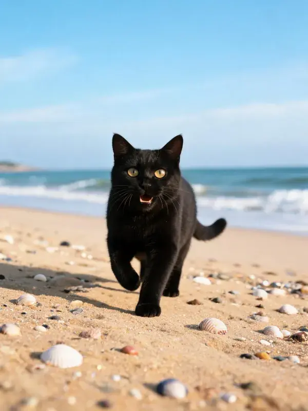 沙滩上短毛家猫奔跑的状态