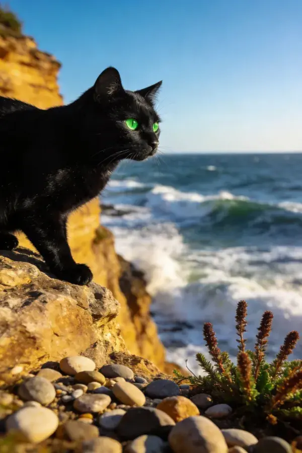 海岸悬崖上的黑短毛家猫
