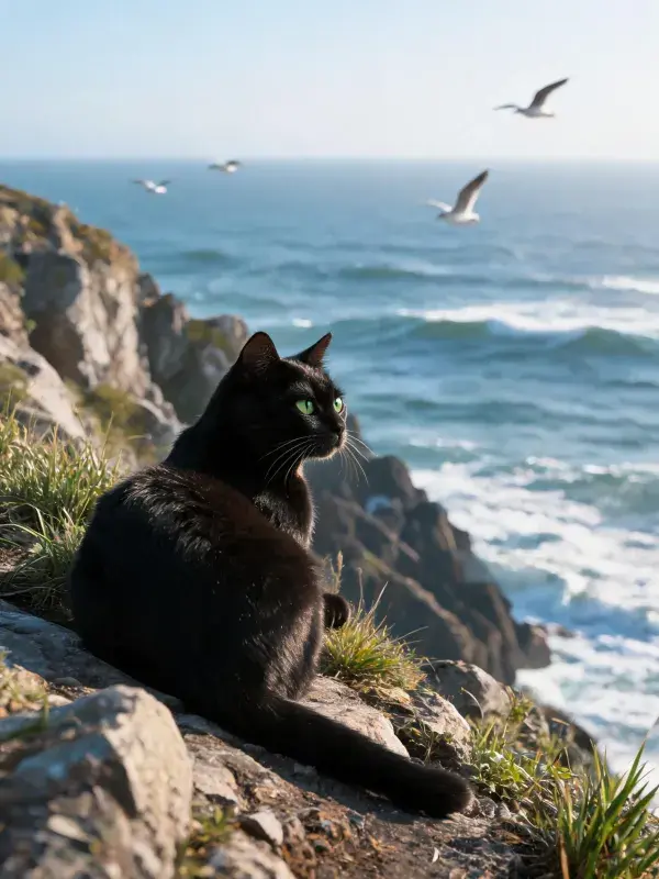 海岸悬崖上的绿眼短毛黑猫