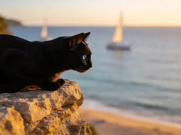 海边岩石上的短毛家猫