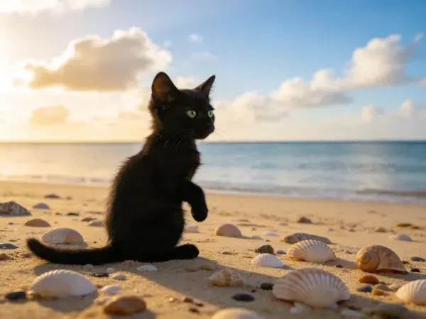 沙滩上短毛家猫的姿态