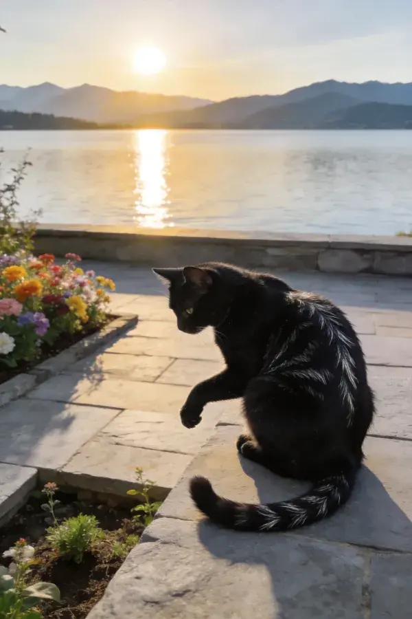 湖边石板上的黑白短毛家猫