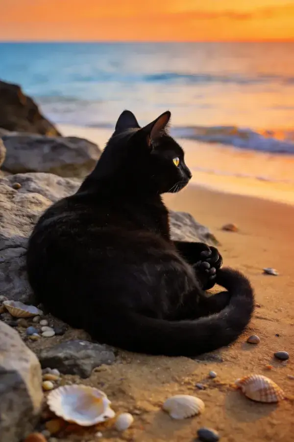 海滩岩石边的短毛家猫