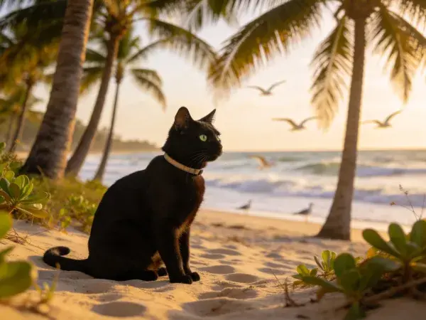 海滩上短毛家猫的日落场景