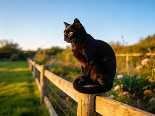 阳光下木栅栏上的短毛黑猫
