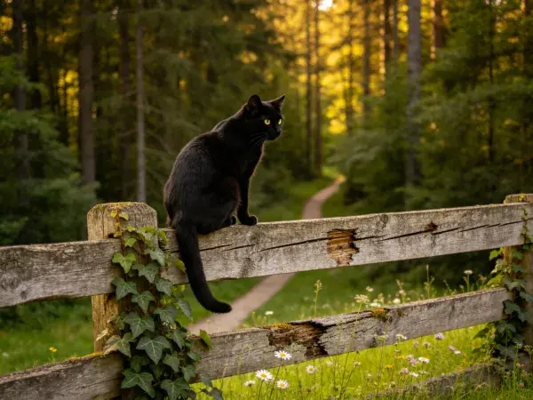 木栅栏上的短毛家猫观察森林场景