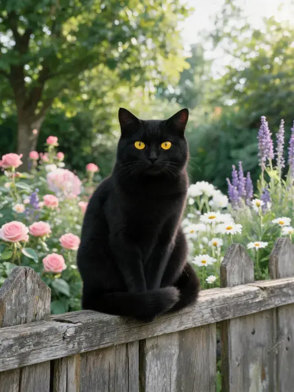 阳光花园木栅栏上的黑猫姿态