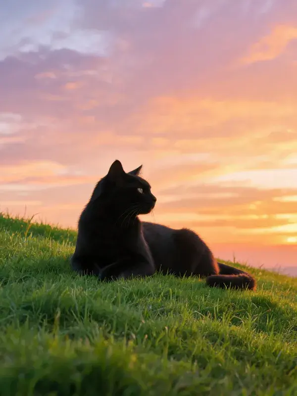 黑猫于夕阳下的草坡休憩景象