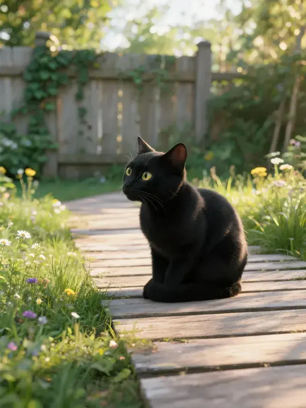 黑猫坐于木质步道上的姿态