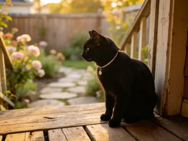 短毛家猫凝视花园场景