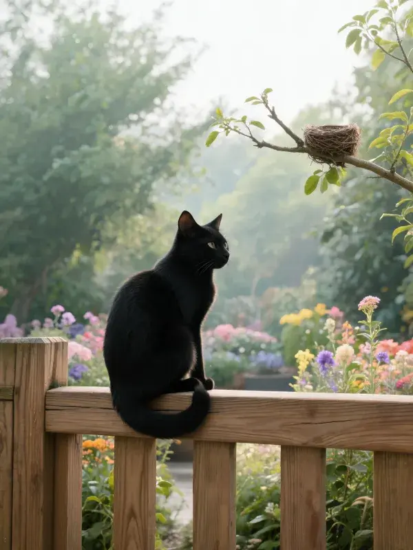 黑色短毛家猫于花园木栅栏处的观察姿态