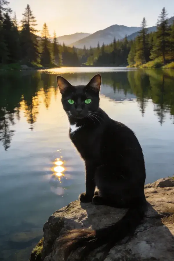 湖畔岩石上的短毛家猫