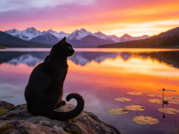 湖畔夕阳下短毛黑猫观察景致