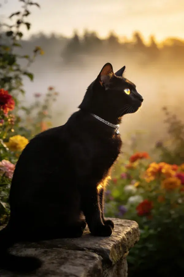 花园石栏旁的短毛家猫