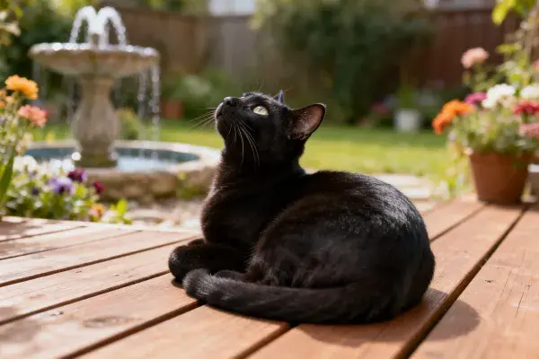 木质平台上短毛家猫的休憩场景