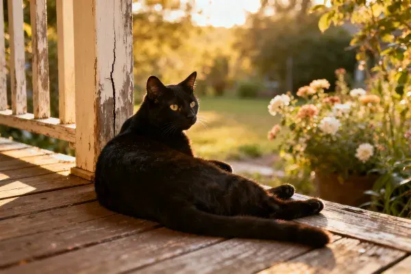 夕阳暖光下木平台上的短毛家猫
