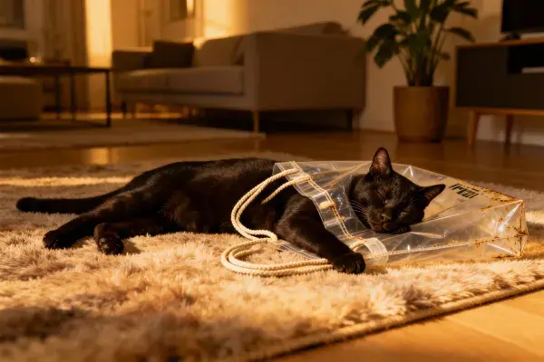 客厅暖光下透明袋里的短毛家猫