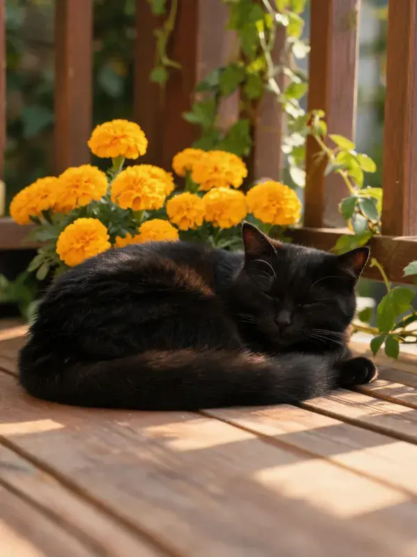 木质平台上短毛家猫与万寿菊场景