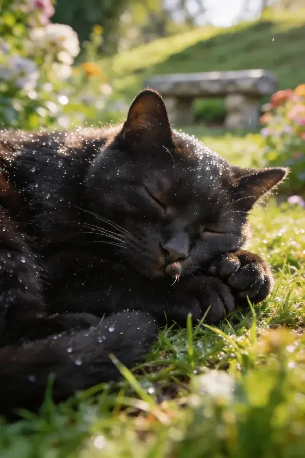 黑色短毛家猫卧睡花园草地
