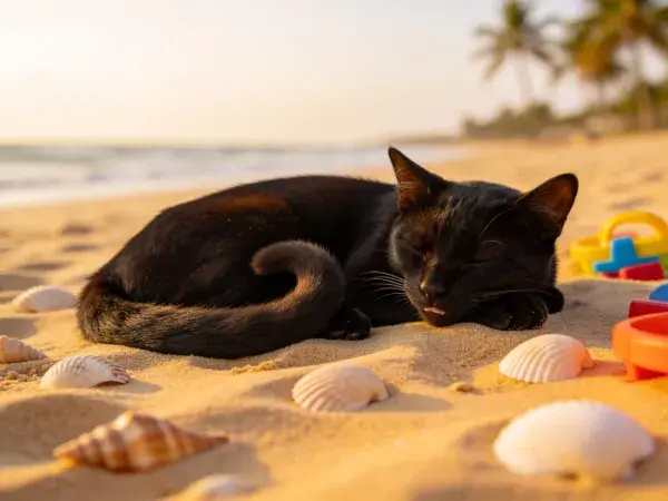 沙滩光影下短毛家猫休憩场景