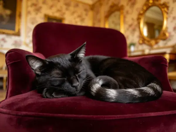 短毛家猫在复古沙发上的睡眠场景